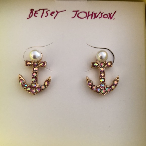 Betsey Johnson Gold Tone Cruise Control Anchor Stud Earrings Crystal Accents NIB - Picture 5 of 11
